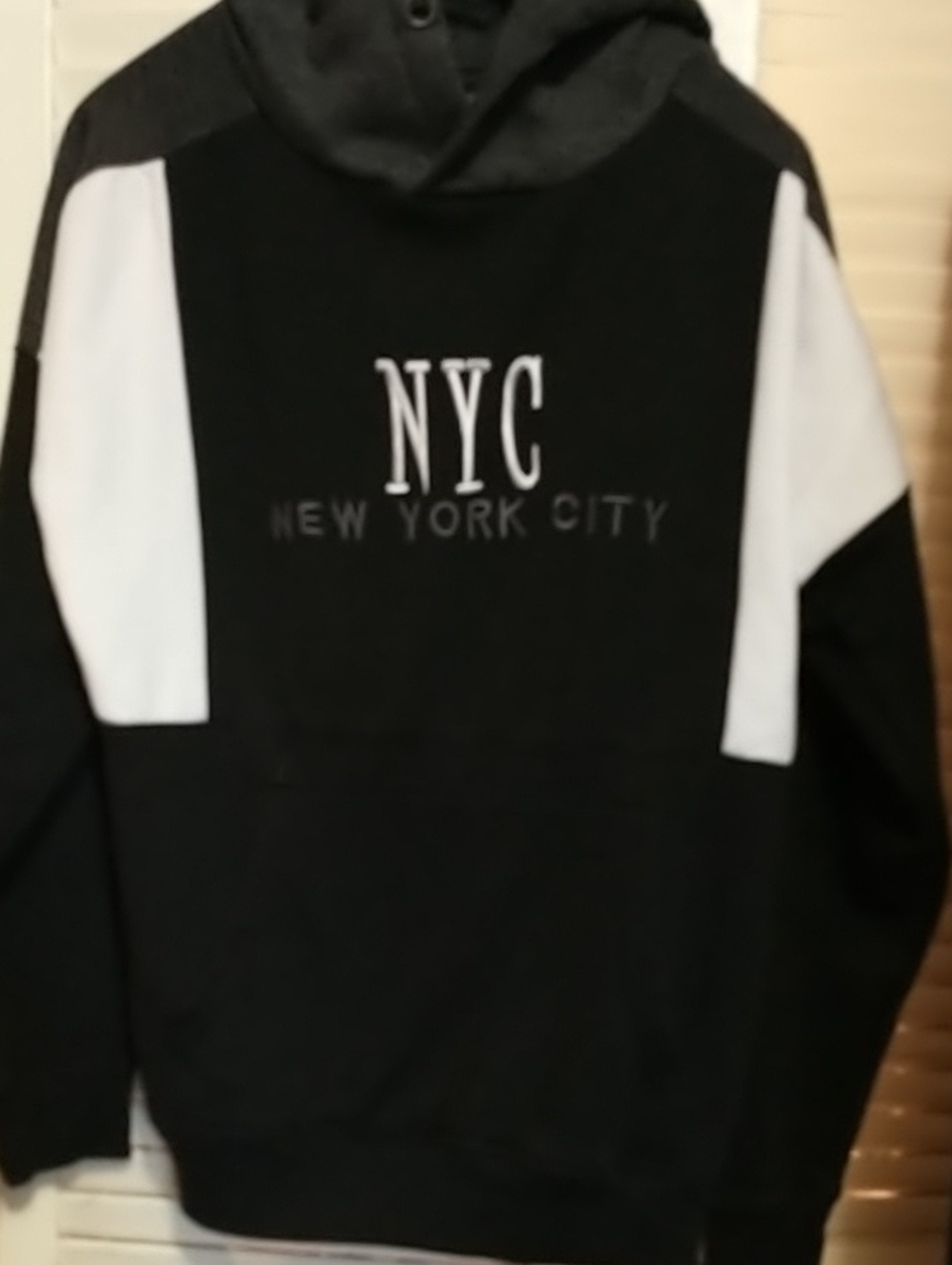 SMR Black NYC Hooded Sweatshirt Long Sleeve with White Panels Front Pouch Sz Med